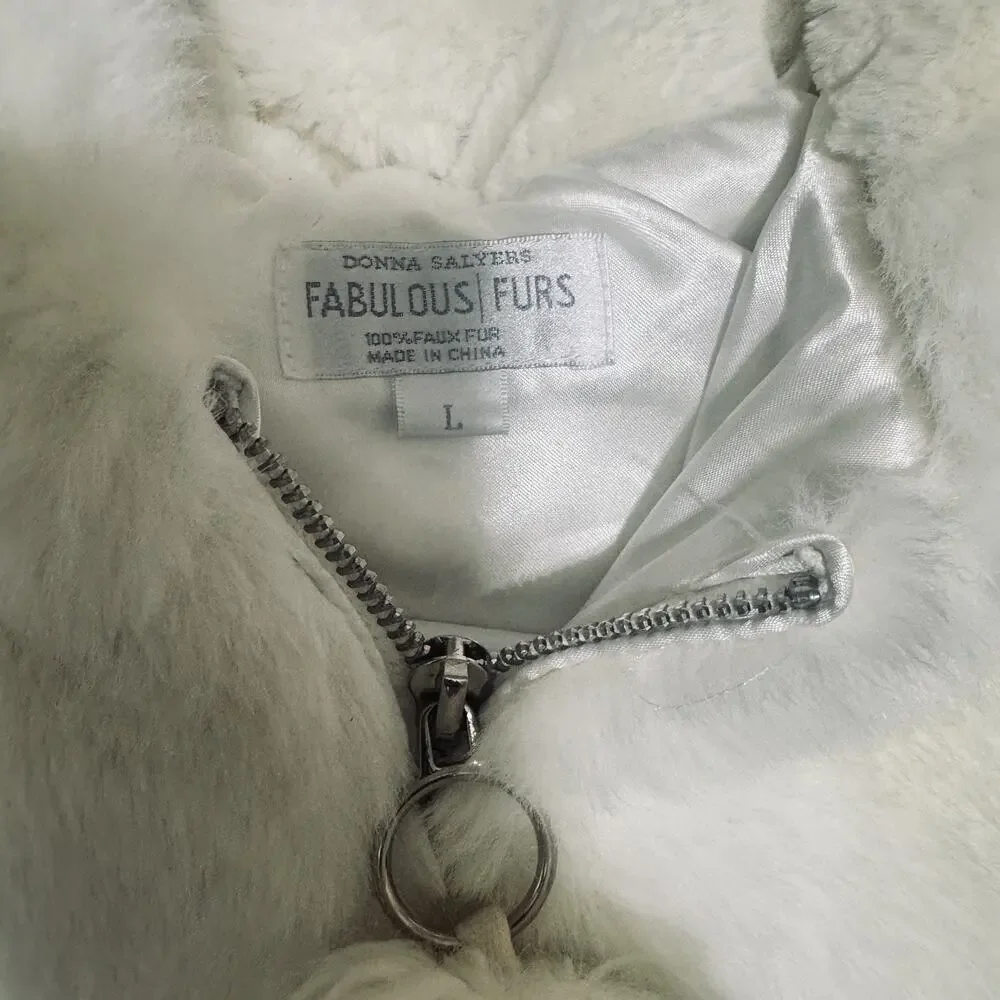 Donna Salyers Fabulous Furs Kids White Faux Fur Coat GIrls sz L hooded pompom - Picture 2 of 7